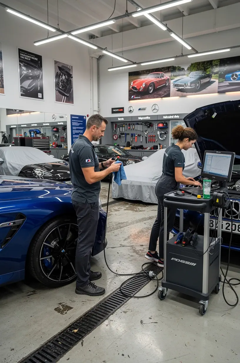 Zákazník konzultuje s odborníkom servisné možnosti pre svoje luxusné auto v prostredí servisu.